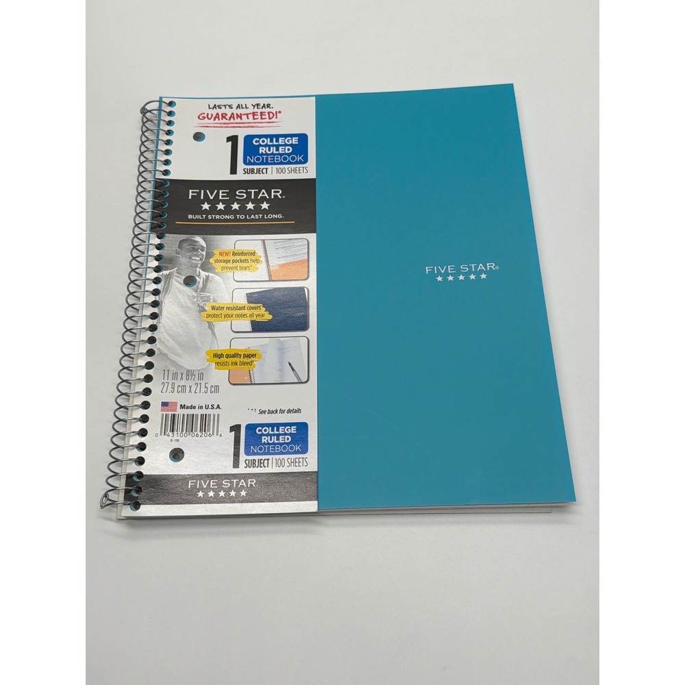 Five Star 1 Subject Notebook College Ruled 100 Sheets Teal Spiral Bound‎ 06206